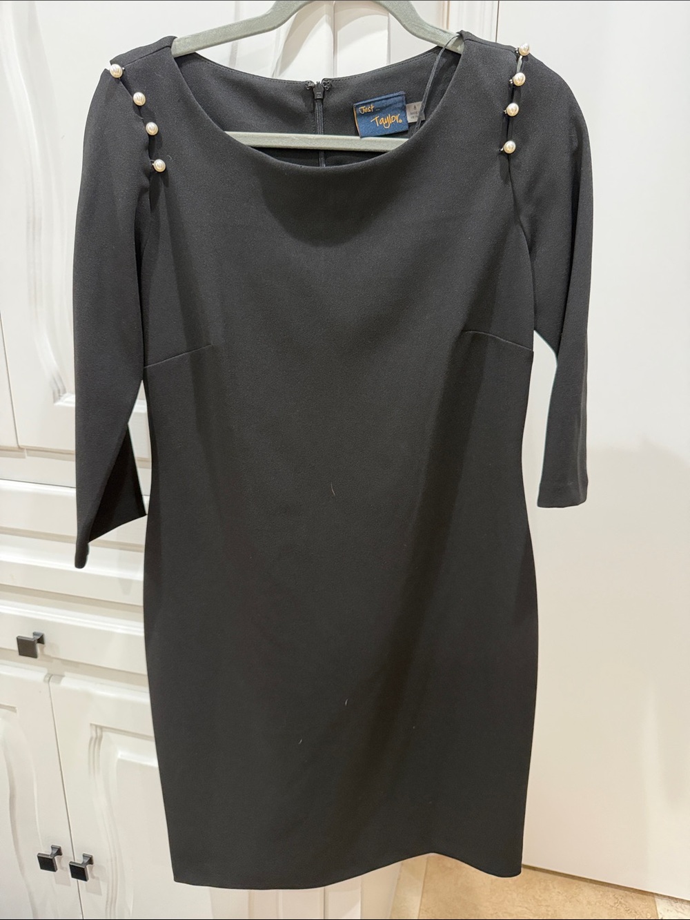 Taylor Black Long-Sleeve Sheath Dress with Pearl Shoulder Accents